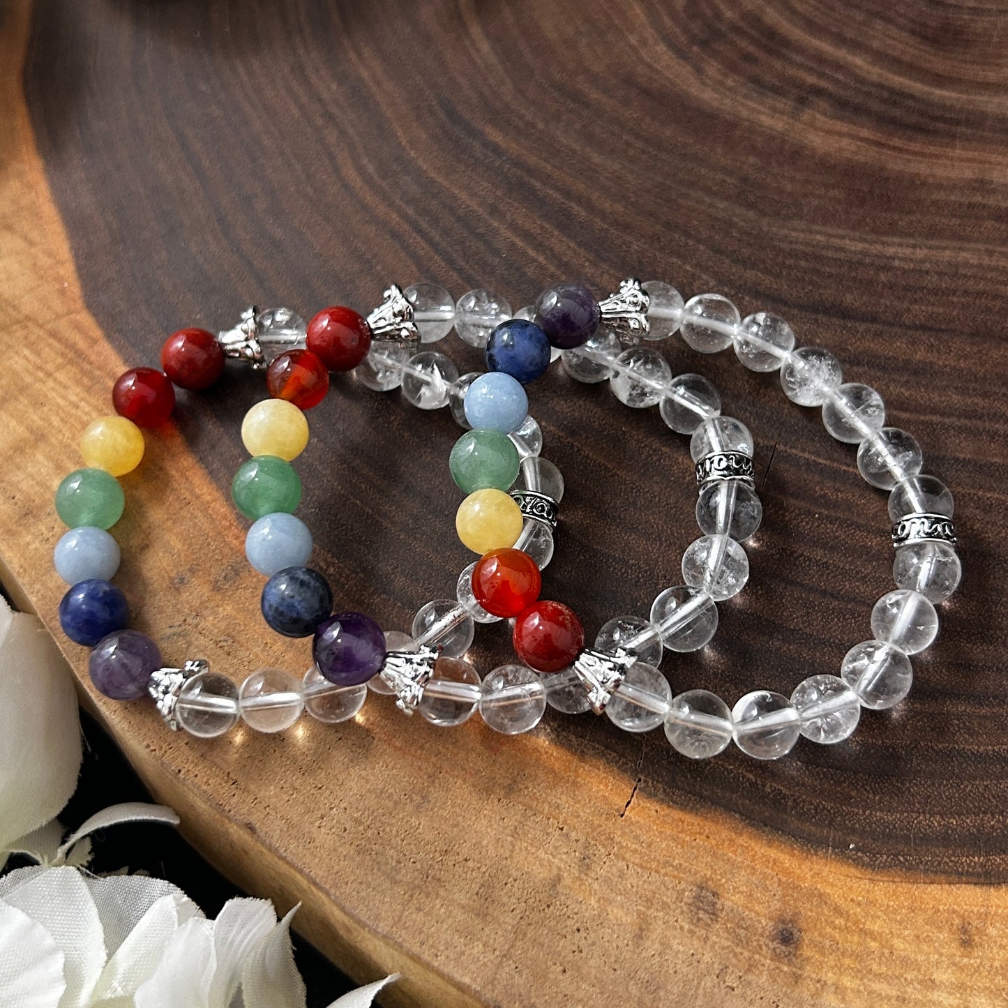 Chakra Stones 8mm Stretch Bracelet w/Quartz