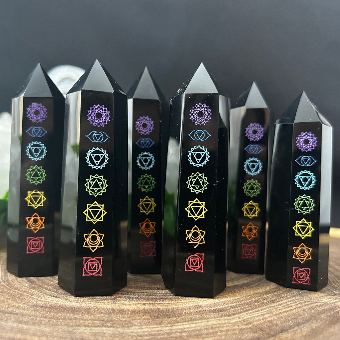 Obsidian Towers Chakra Engraved