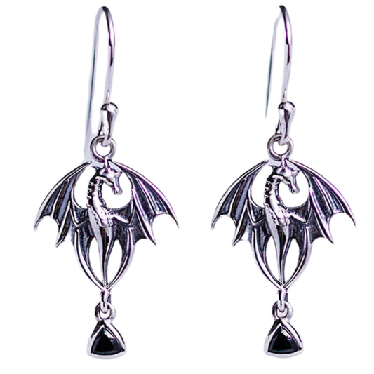 Silver Dragon Magic Earrings Black Spinel