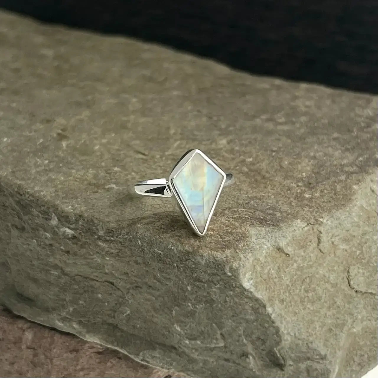 Blue Fire Rainbow Moonstone Shield Ring Size 7