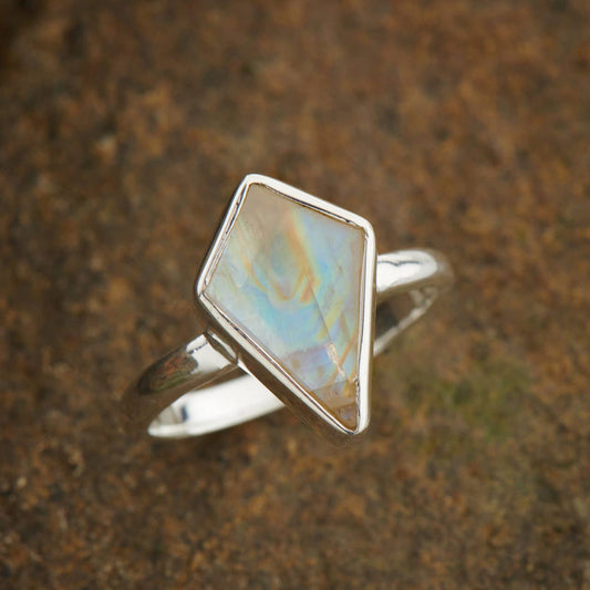 Blue Fire Rainbow Moonstone Shield Ring Size 7